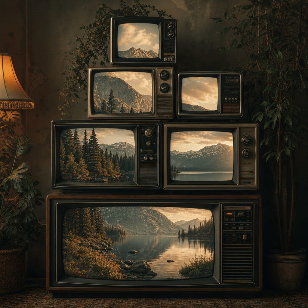 An artistic TV stack portrait featuring a scenic landscape on the retro screens, blending nature with the nostalgic TV s