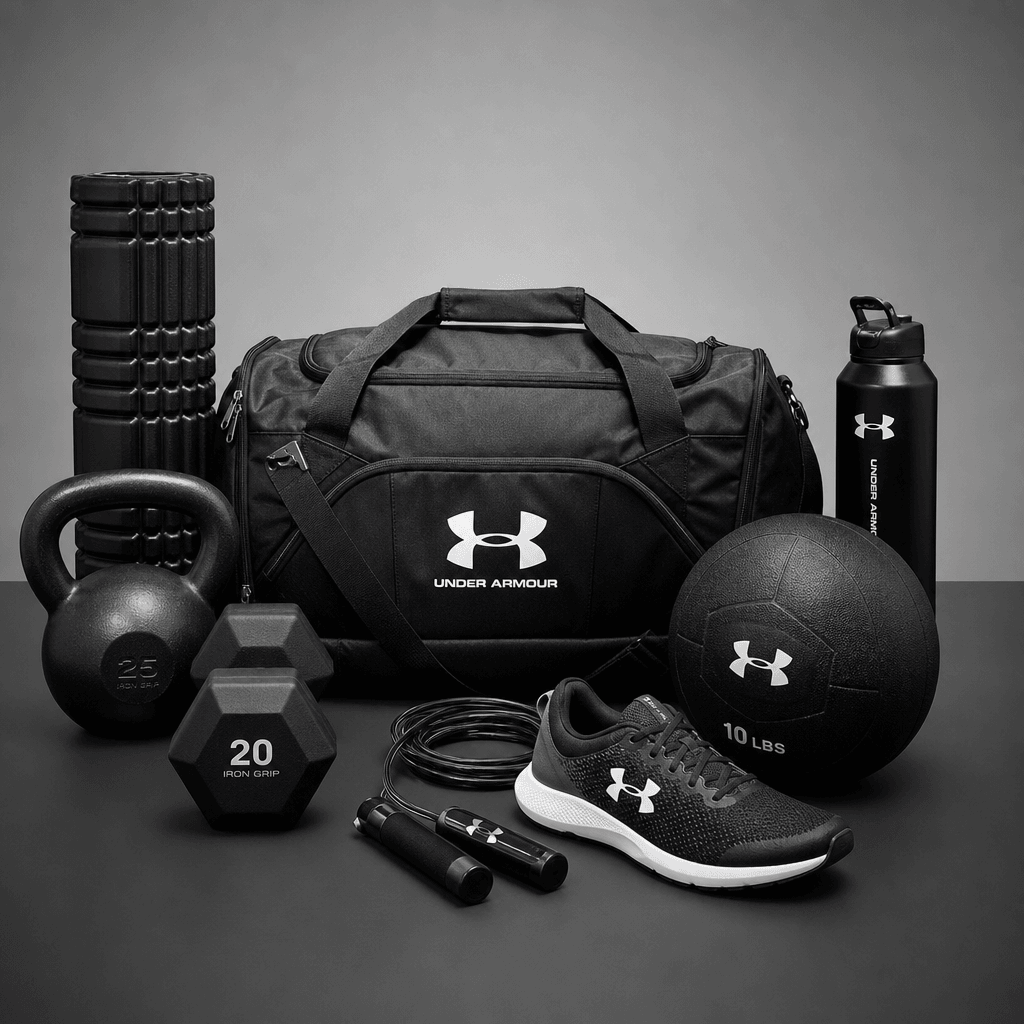 Sports equipment and athletic gear packshot. Professional action-ready product arrangement with clean geometric composit