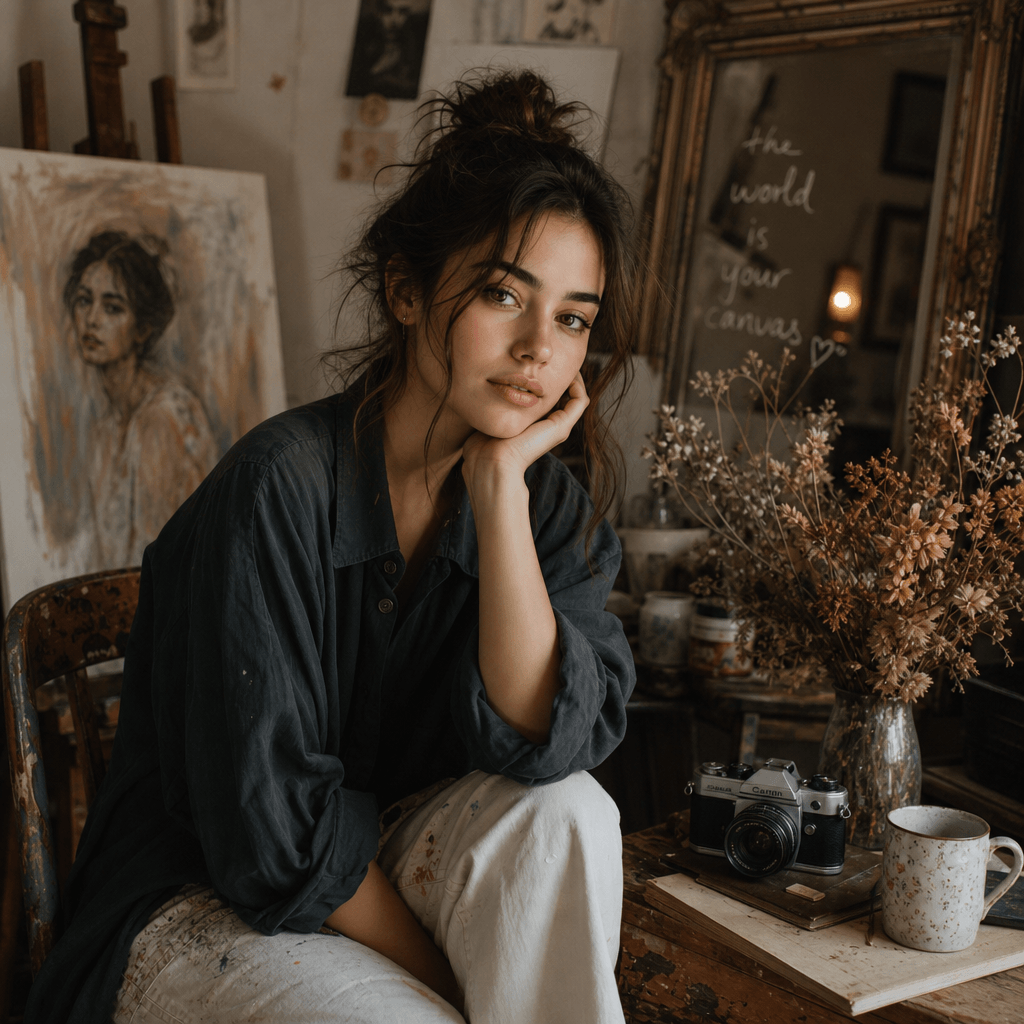 An artistic portrait project in a home studio, featuring unique props and a cozy atmosphere.