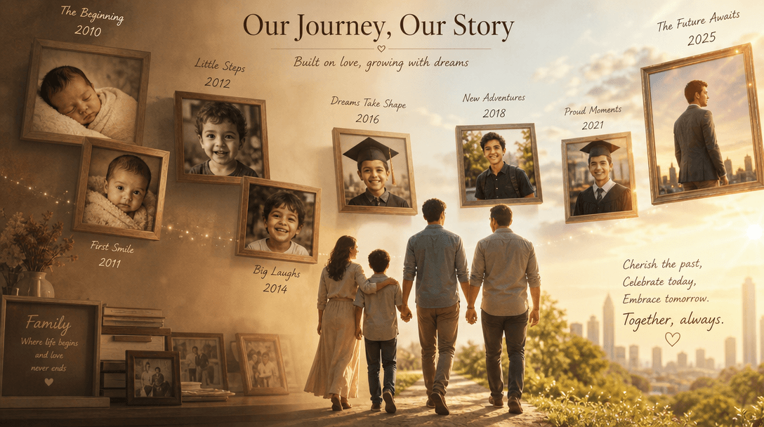 Family milestone visualization. Photo frames floating, growth timeline suggested, warm nostalgic mood transitioning to b