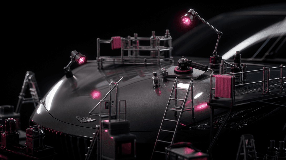 An atmospheric macro scene of miniature ladders, inspection lamps, polishing tools, and service platforms arranged aroun