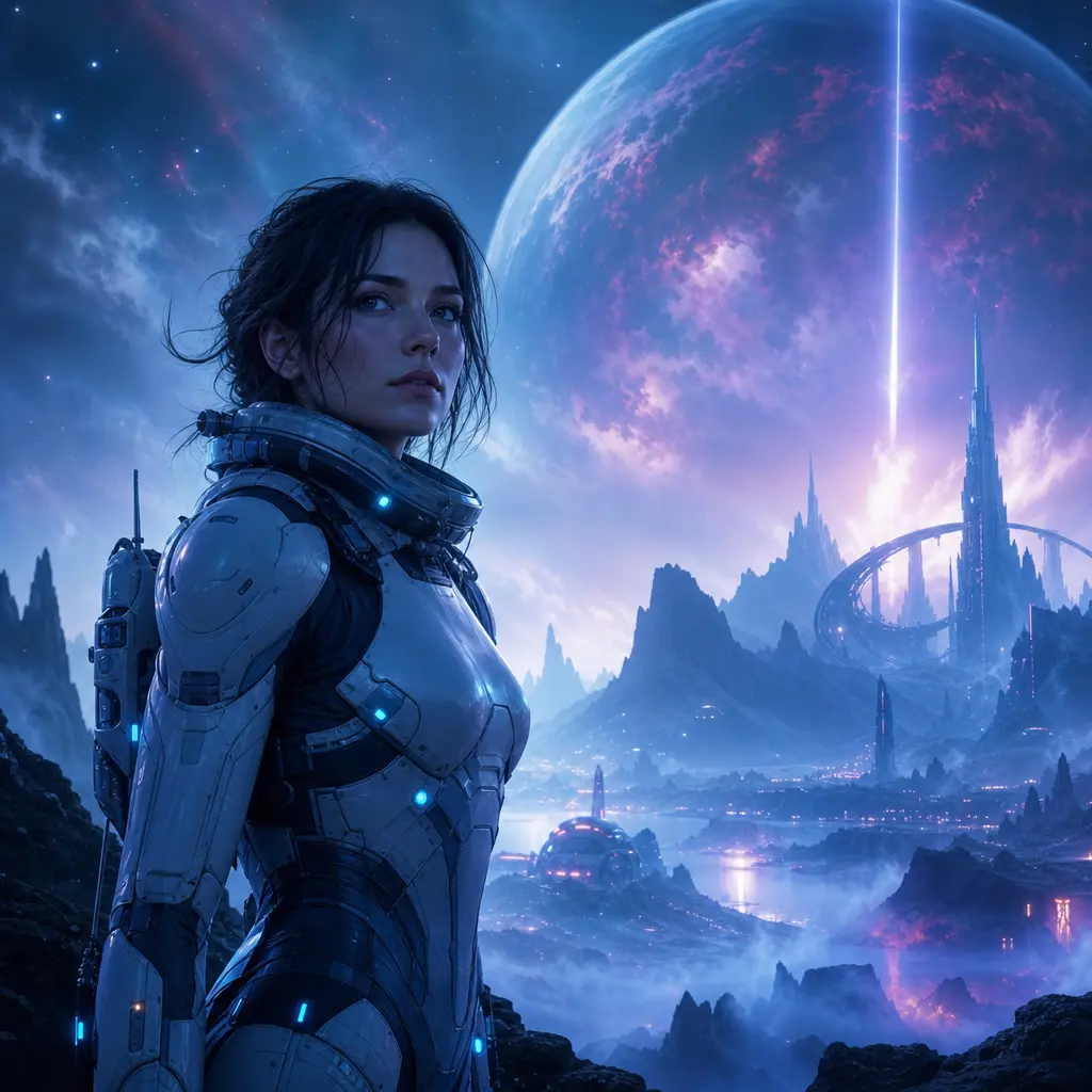 Far-future space explorer portrait, advanced sci-fi suit, otherworldly alien landscape background, ethereal blue and pur