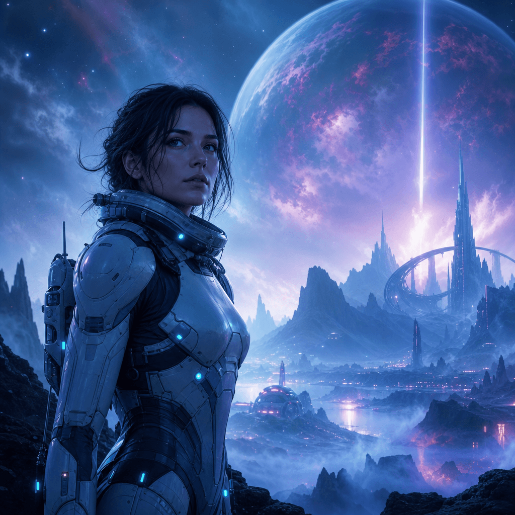 Far-future space explorer portrait, advanced sci-fi suit, otherworldly alien landscape background, ethereal blue and pur