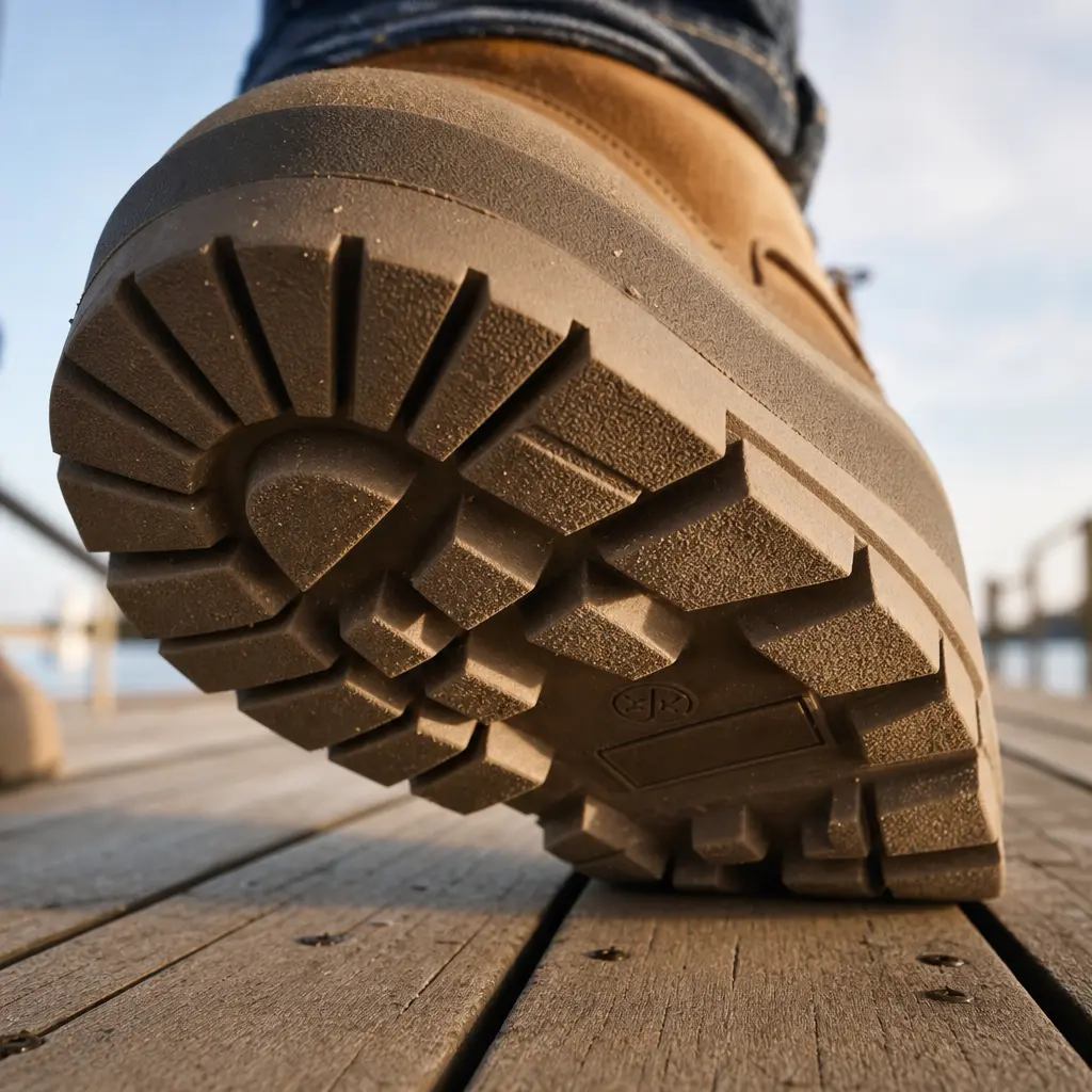 Massive boot sole in extreme close-up on a wooden boardwalk, texture detail visible on the tread, perspective showing ma