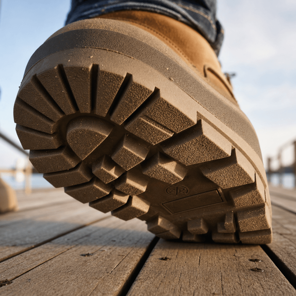 Massive boot sole in extreme close-up on a wooden boardwalk, texture detail visible on the tread, perspective showing ma