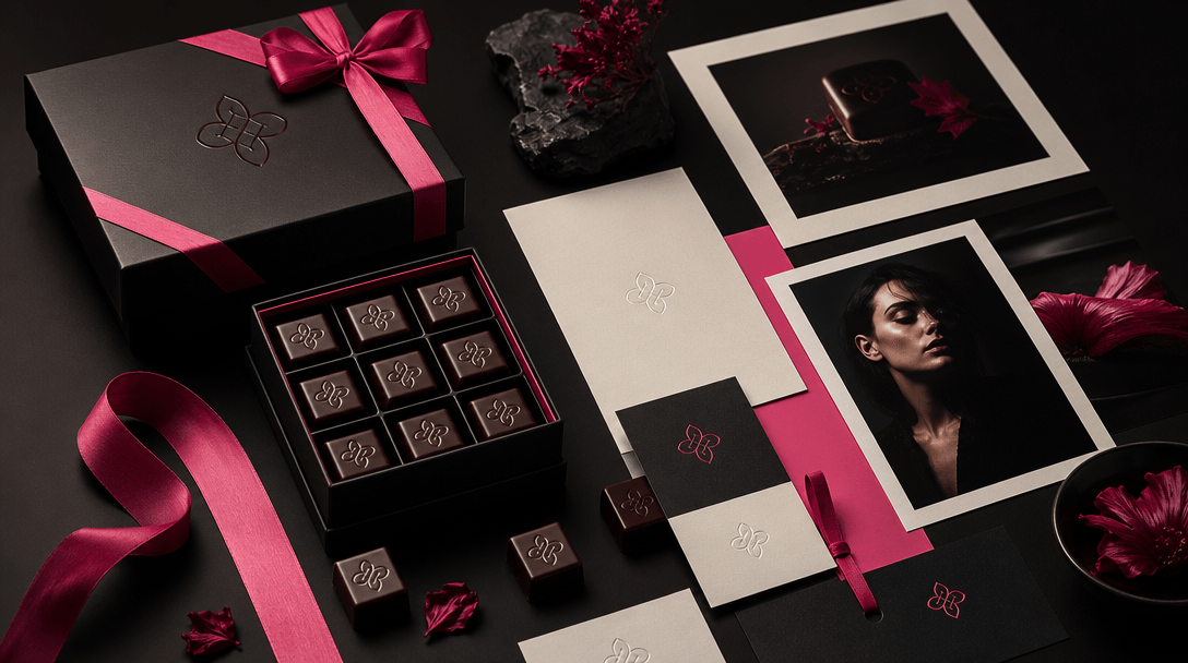 A coordinated brand campaign still life with a chocolate gift box, individual logo-stamped chocolates, ribbon, product c