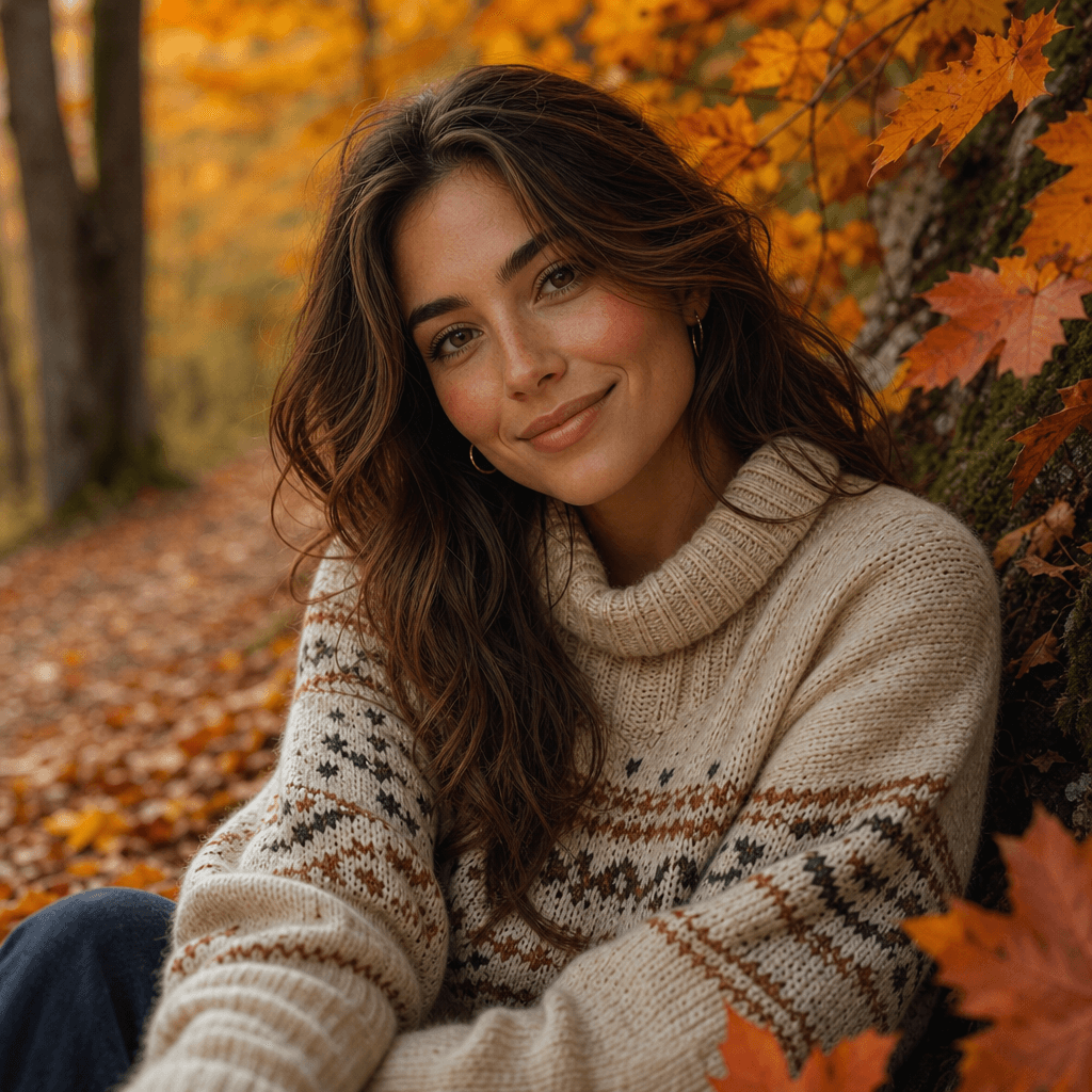 A cozy autumn portrait of a model wearing a stylish sweater, surrounded by colorful fall leaves in a forest setting. The