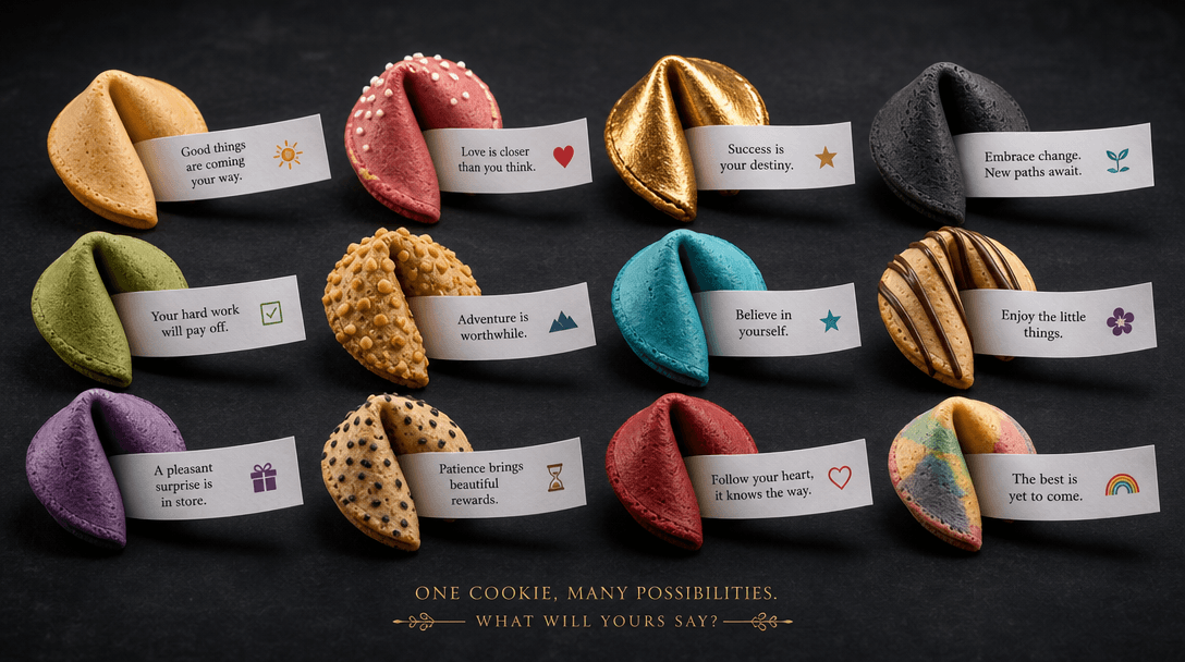 Multiple fortune cookies in different colors and styles arranged artistically, variety showcase, various message themes,
