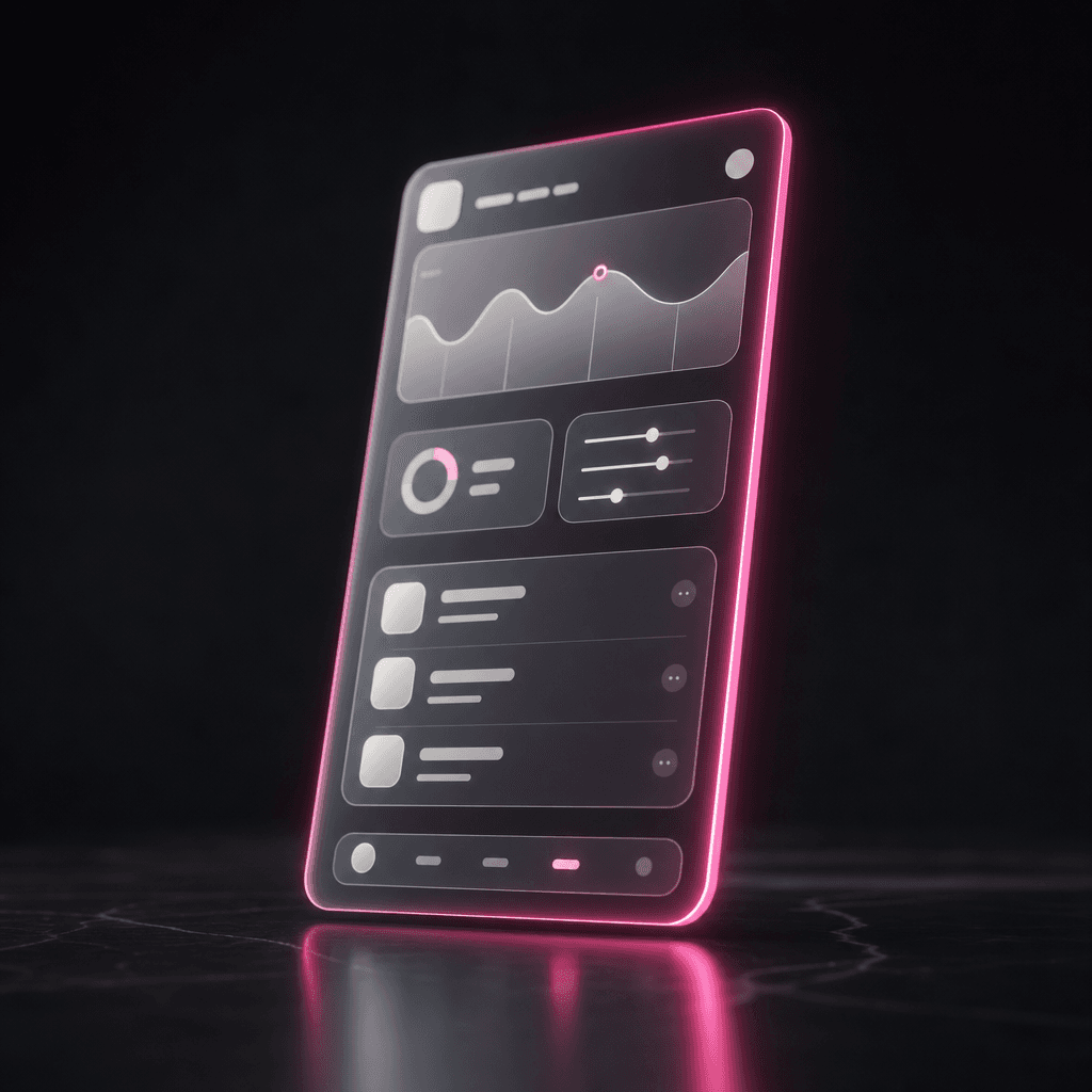 A mobile app interface abstracted as a floating translucent rectangular panel hovering above a dark reflective plane. Of