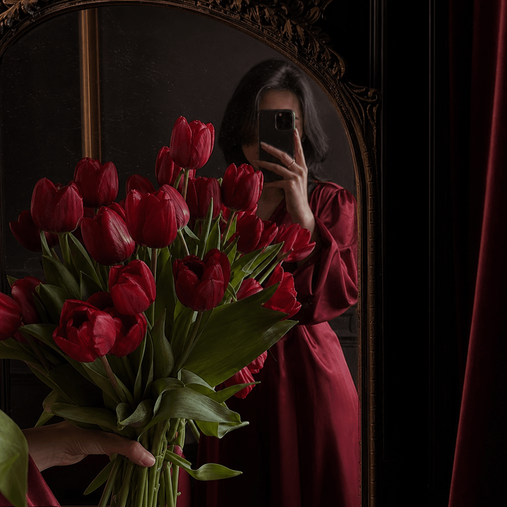 A vivid bouquet of red tulips held in front of an antique mirror, cropped lifestyle selfie composition with the person r