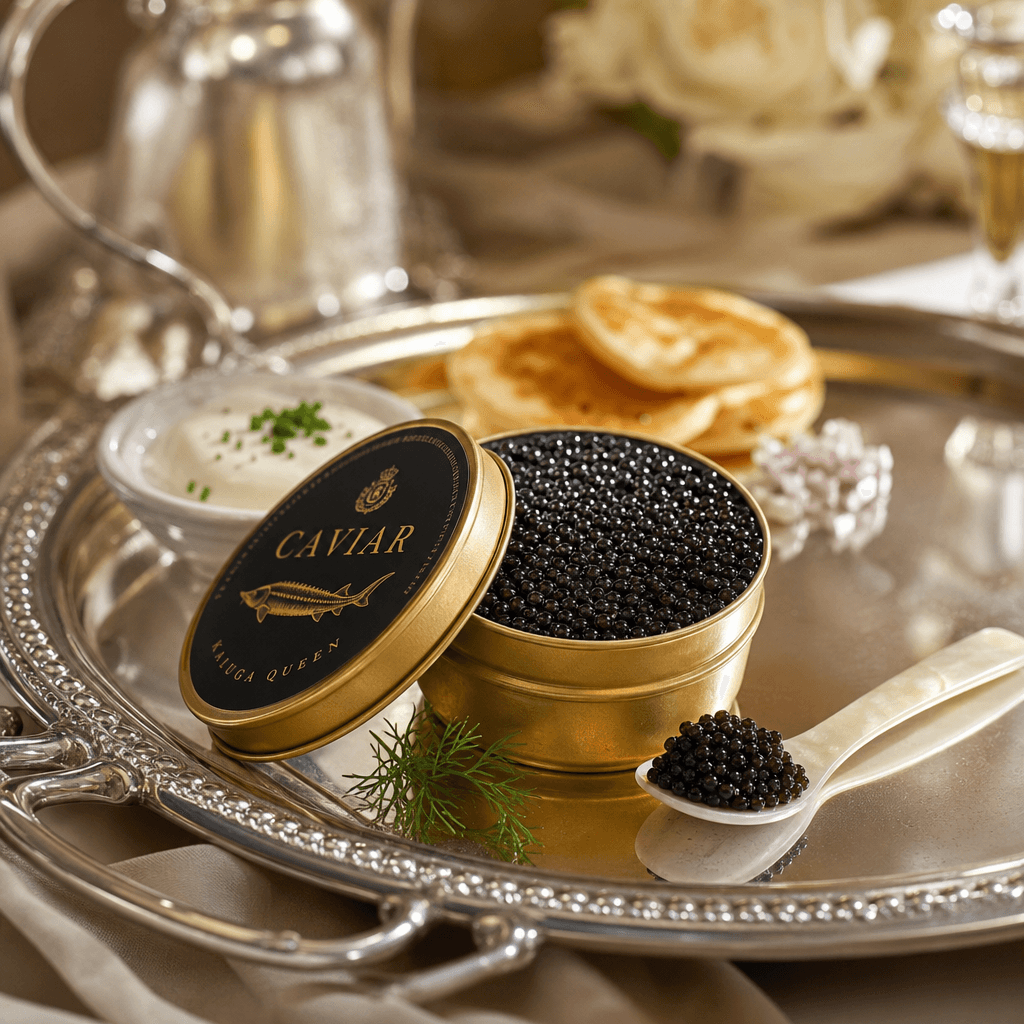 Food product on silver tray. Styled culinary item with premium presentation. Silver tableware, soft natural light, warm