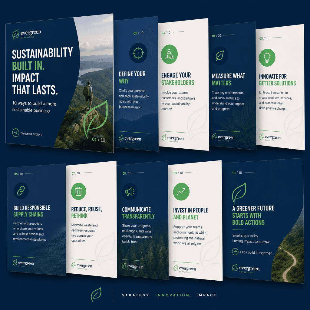 Complete carousel sequence mockup shown as fanned cards. Different slide perspectives visible, branded design elements,