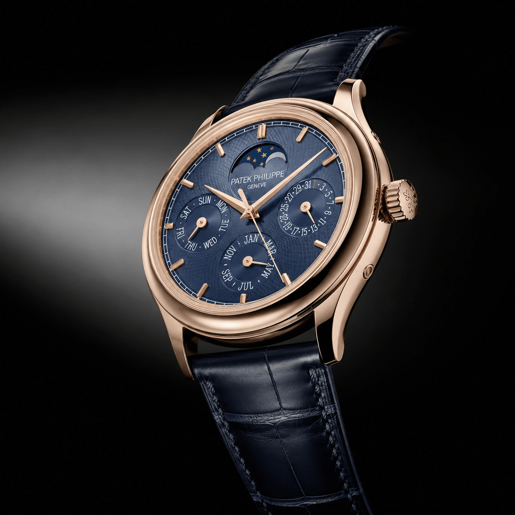 Luxury timepiece floating with gentle rotation, dramatic side lighting creating metallic shine on case and dial, dark so