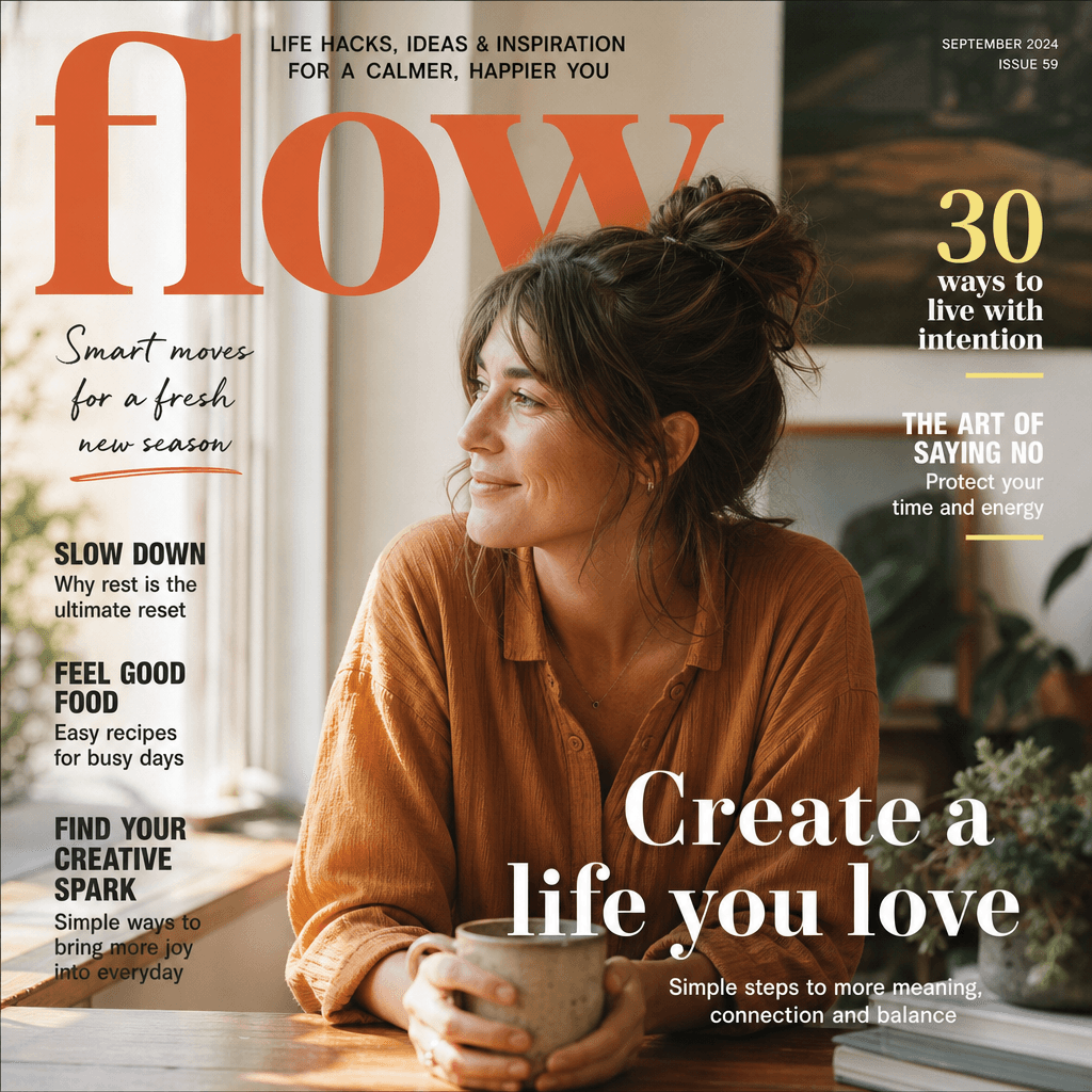 Lifestyle magazine cover featuring relaxed candid moment, warm natural light aesthetic, editorial lifestyle photography,