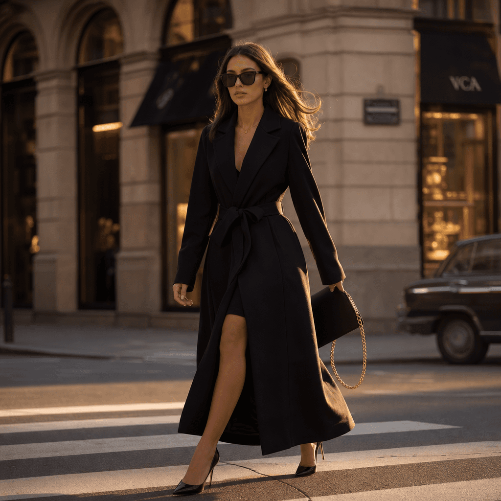 Fashion walk video: woman in chic black tailored coat and accessories walking on urban street corner. Cinematic lighting