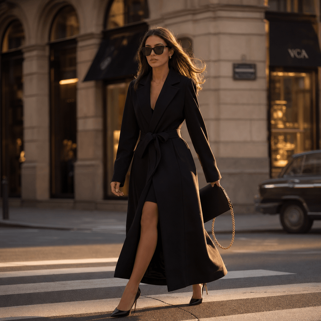 Fashion walk video: woman in chic black tailored coat and accessories walking on urban street corner. Cinematic lighting