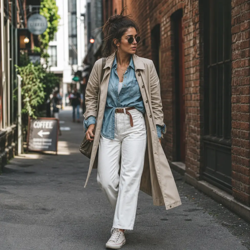 Dynamic street-style pose: person walking down urban alley with brick walls and dappled light, wearing layered casual-ch