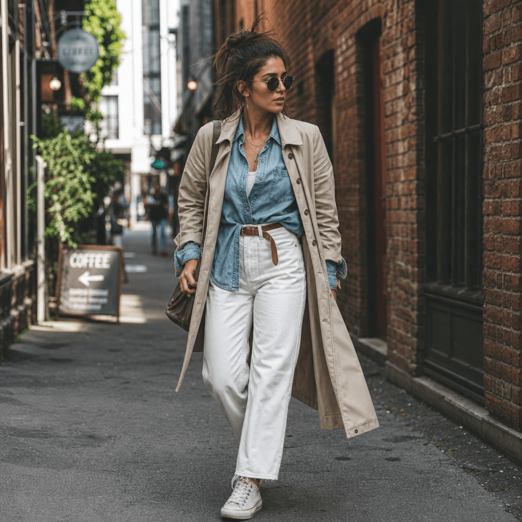 Dynamic street-style pose: person walking down urban alley with brick walls and dappled light, wearing layered casual-ch