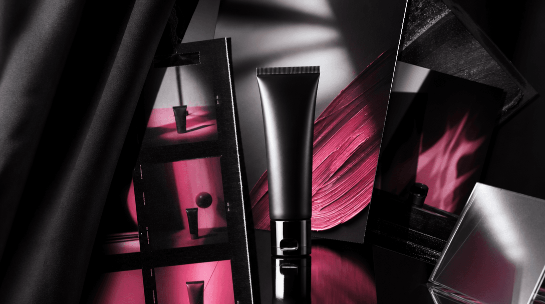 An abstract balance between spontaneous UGC energy and refined commercial craft: a cosmetic tube under a sharp studio fl