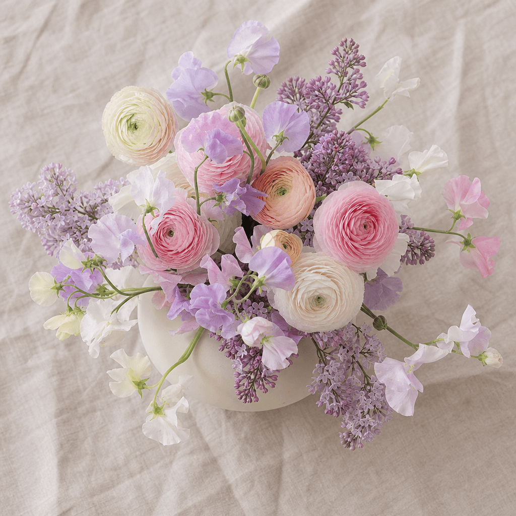 Overhead shot of a pastel spring arrangement — ranunculus, sweet peas, and lilac — in a matte pale ceramic vase on warm