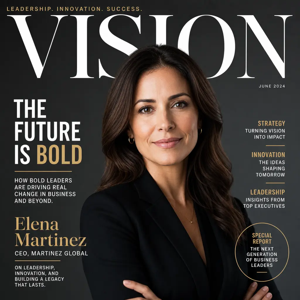 Magazine cover featuring a professional headshot, modern editorial design, sleek layout with bold typography, corporate