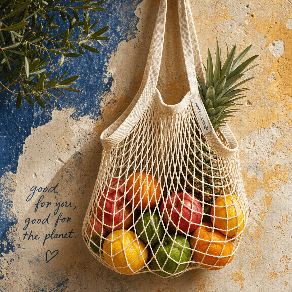 A creative composition of a string bag with fruits against a textured background, emphasizing the bag's design and the c