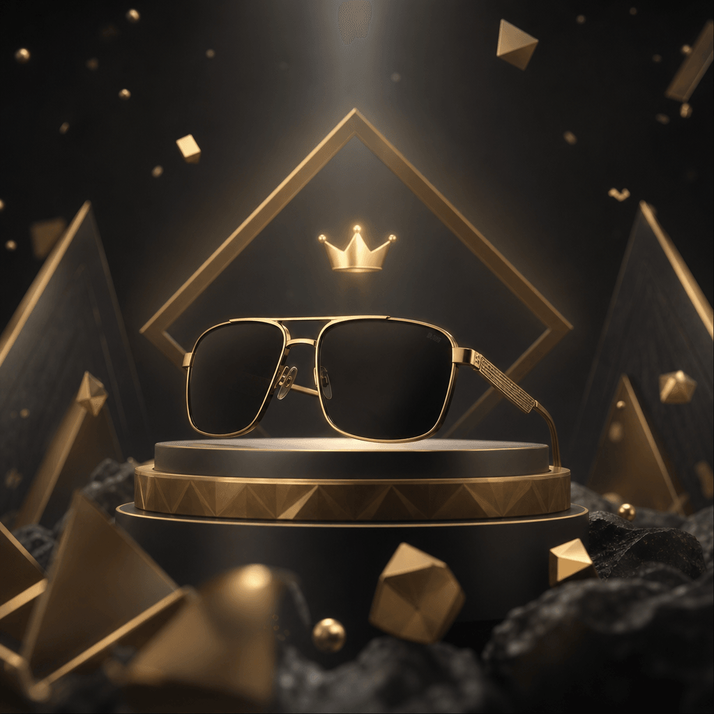 High-end sunglasses displayed as game prize, surrounded by abstract gold geometric shapes. Dark studio background, luxur