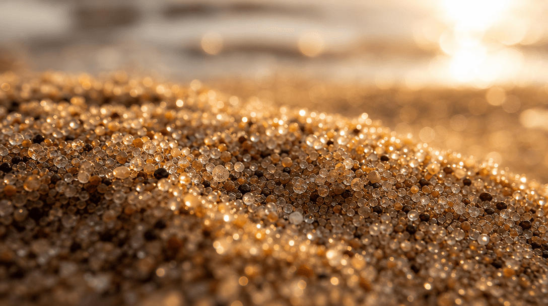 Close-up macro photography of sand grains catching golden hour light with soft ocean bokeh. Warm amber and cream tones.