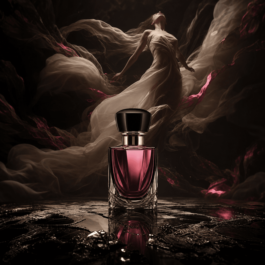 A luxury perfume bottle standing perfectly still on reflective obsidian while an abstractly styled figure rises weightle