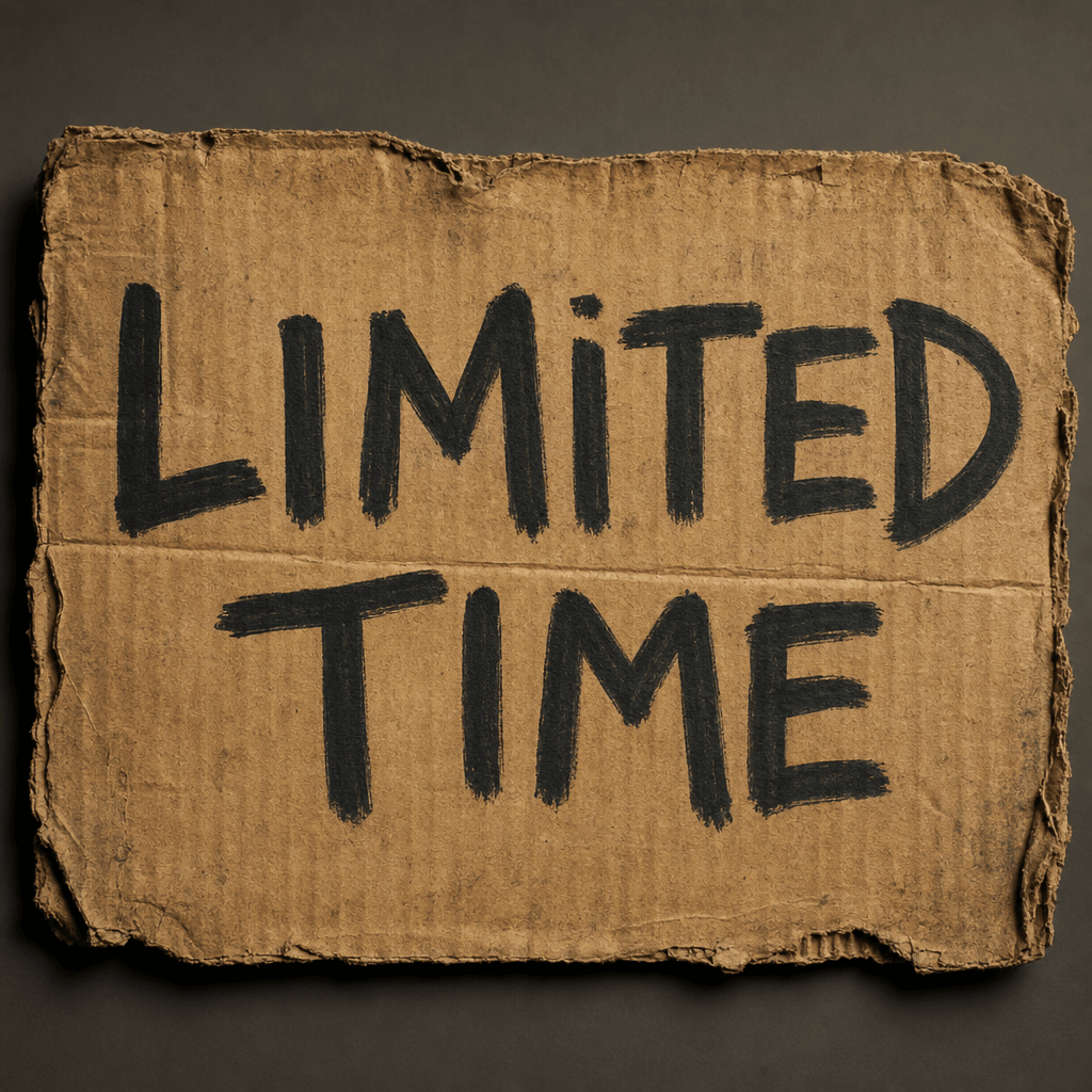 Weathered cardboard sign with 'LIMITED TIME', hand-written appearance, aged tan cardboard with natural creases, street s