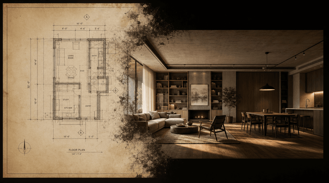 A flat 2D architectural floor plan drawn in precise thin lines on aged drafting paper, dissolving at one edge into a pho