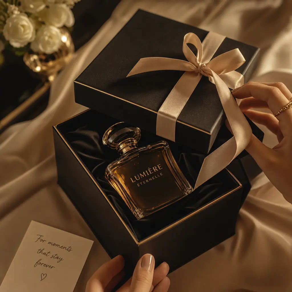 Elegant gift box with luxury item partially revealed, delicate silk ribbon, romantic unboxing moment, warm golden light,