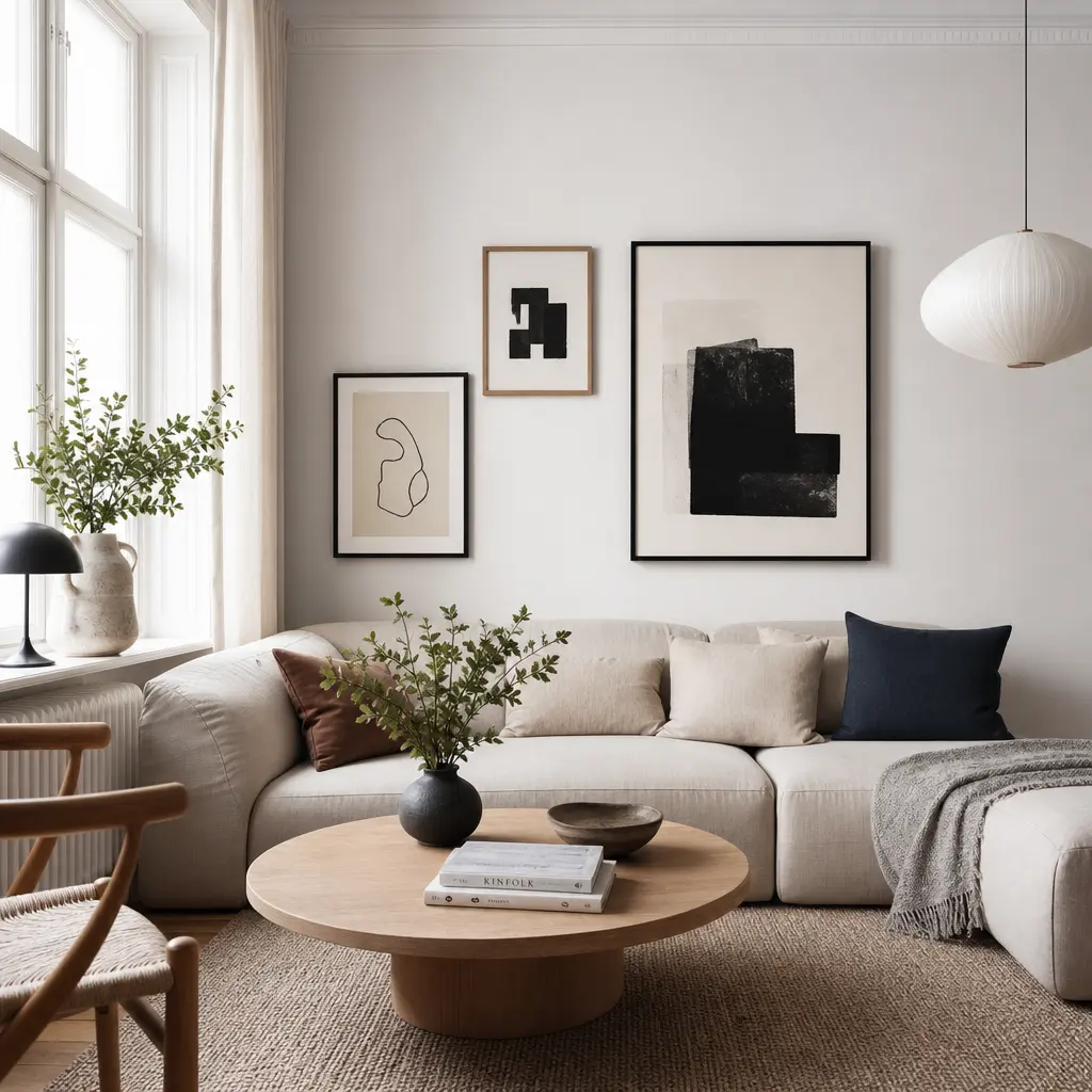 Scandinavian interior design room with framed artwork on wall, bright window light, minimalist decor, studio photography