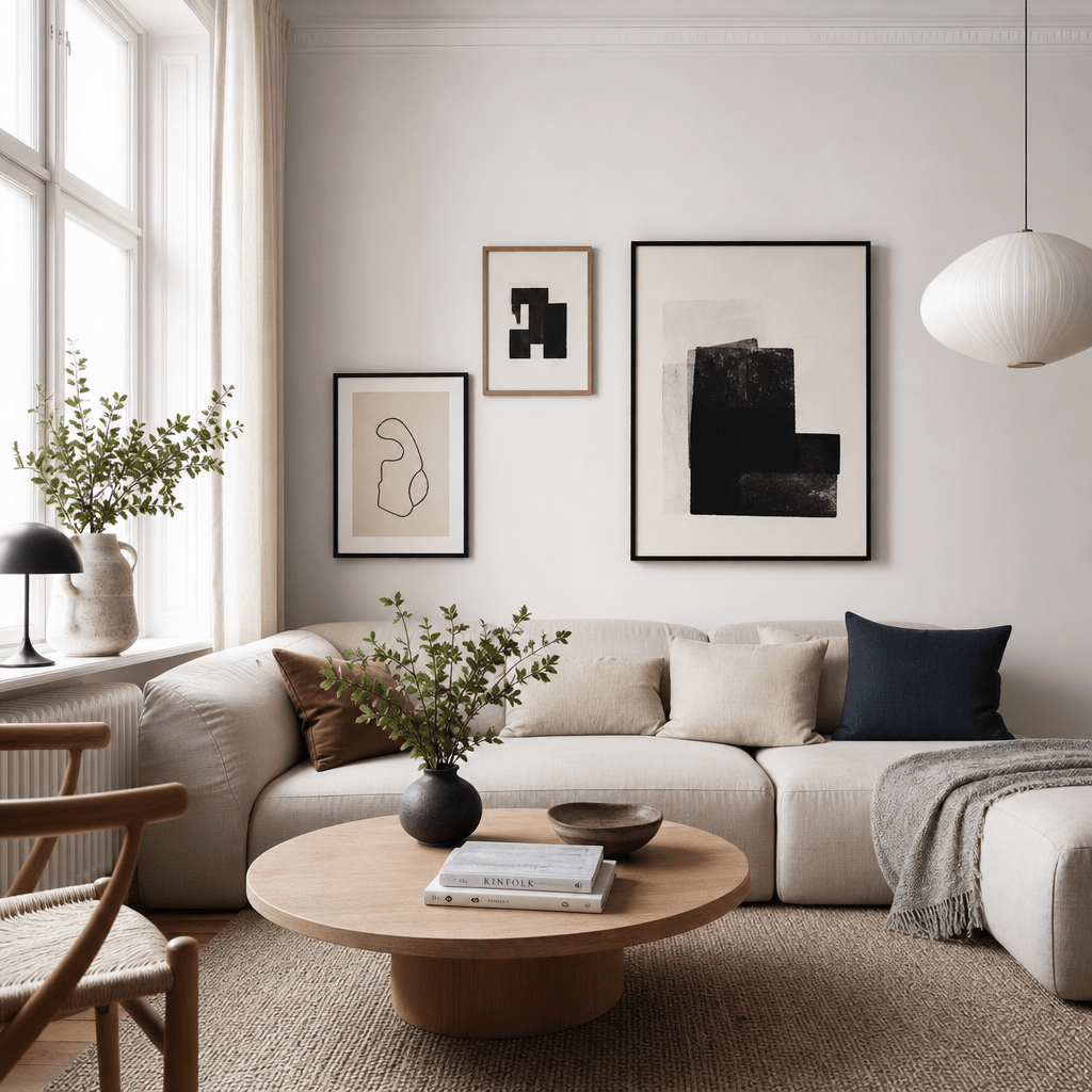 Scandinavian interior design room with framed artwork on wall, bright window light, minimalist decor, studio photography