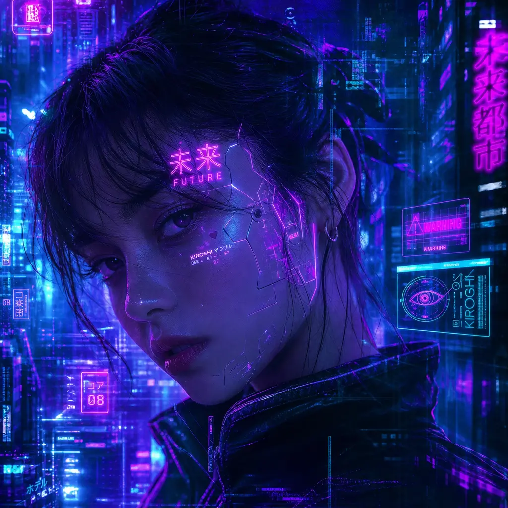 Cyberpunk portrait with electric purple and cyan neon glows, holographic elements creating luminous effects, digital dis
