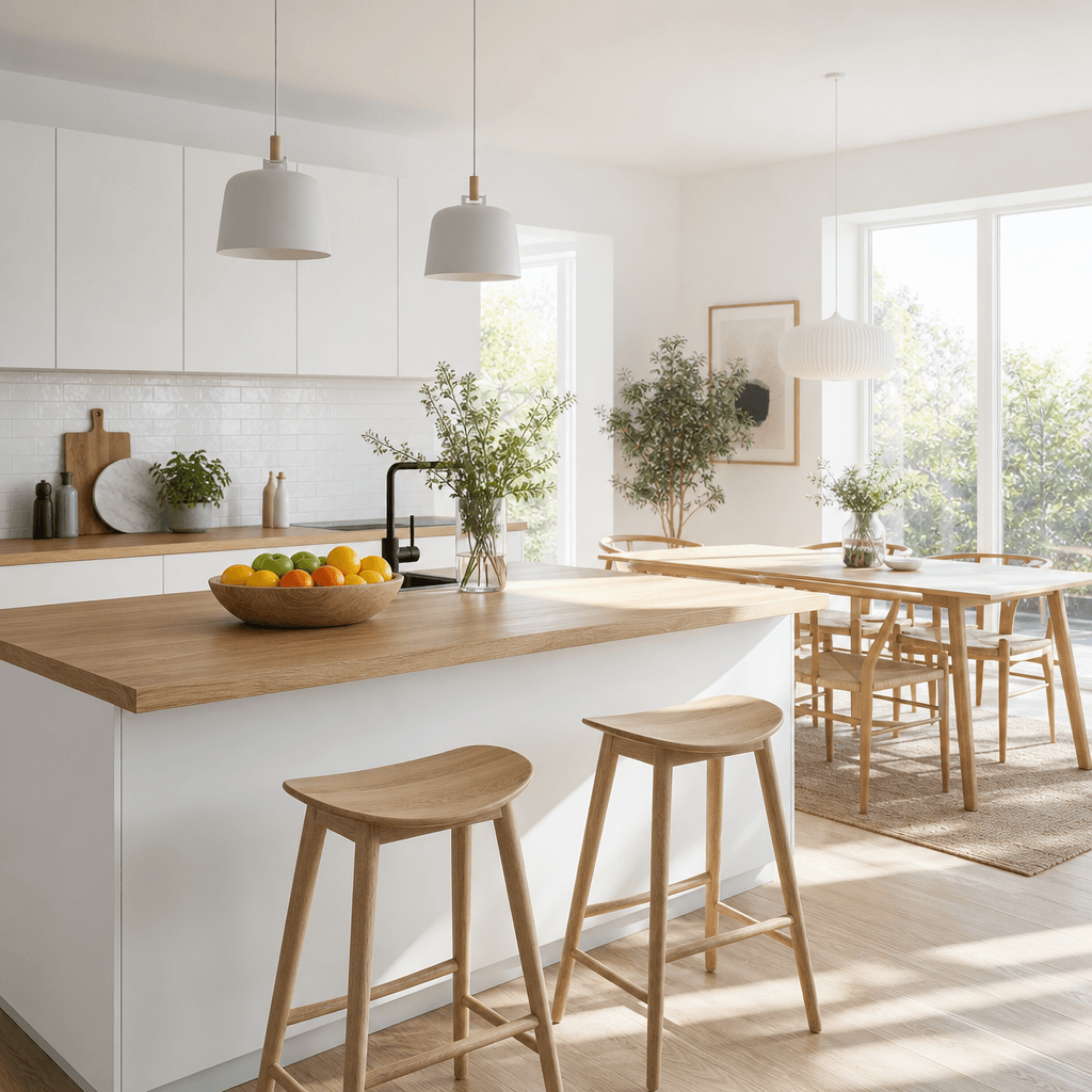 A Scandinavian-style open-plan kitchen and dining area bathed in crisp midday light. White cabinetry, natural oak surfac