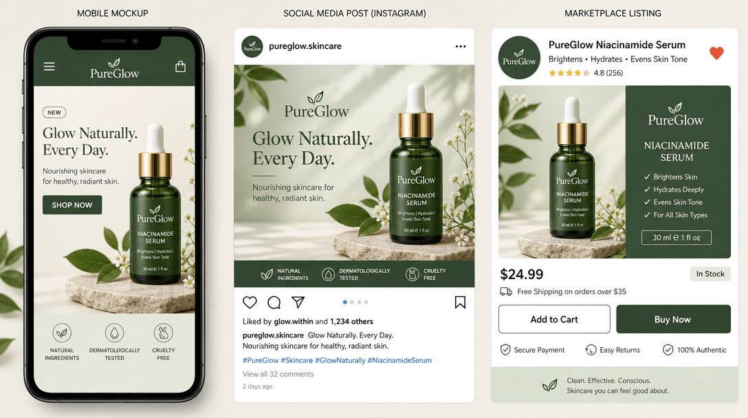 Product displayed across contexts: mobile phone mockup, social media frame, marketplace listing, consistent branding mai