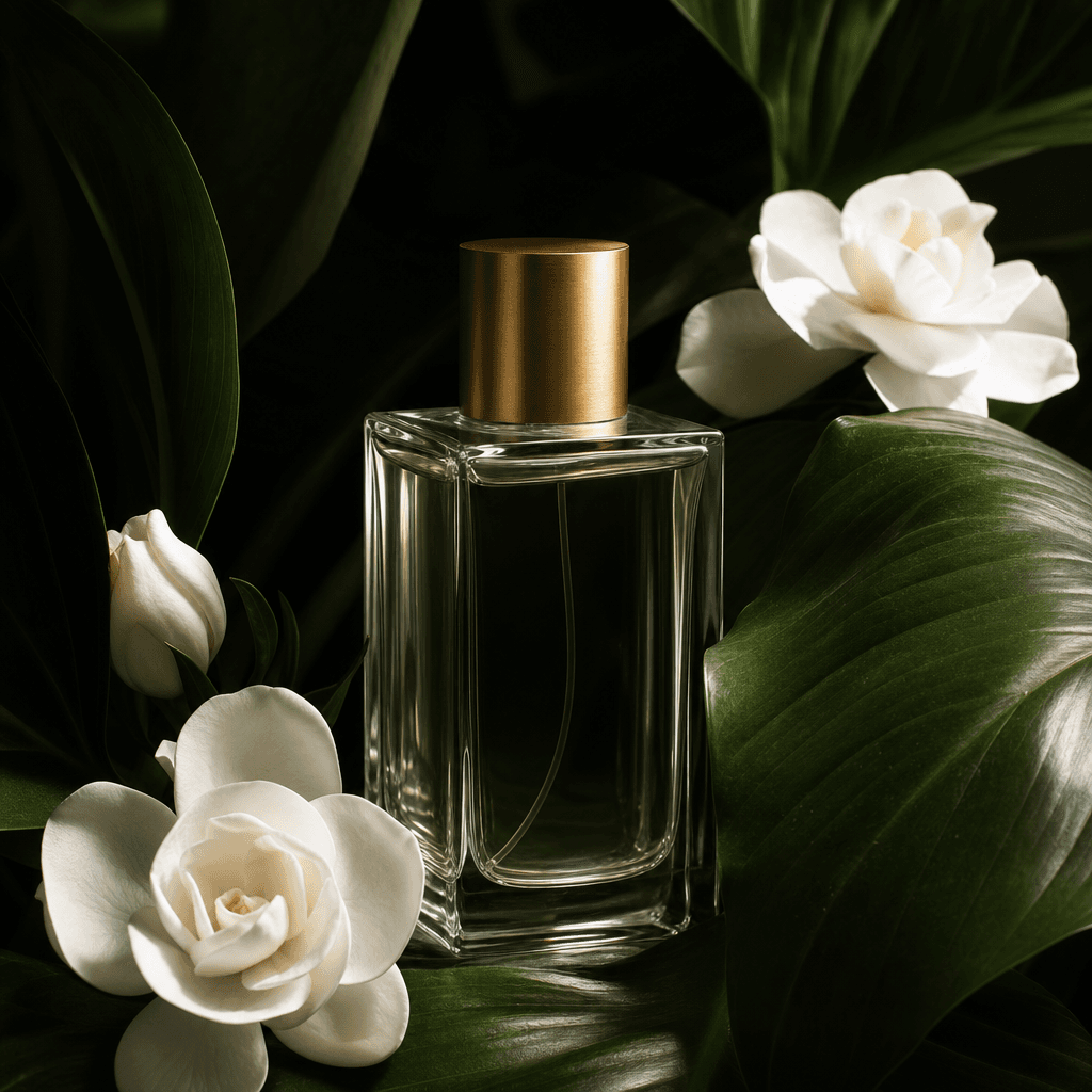 A minimalist glass perfume bottle with a brushed gold cap nestled among dark green tropical leaves and white gardenia fl