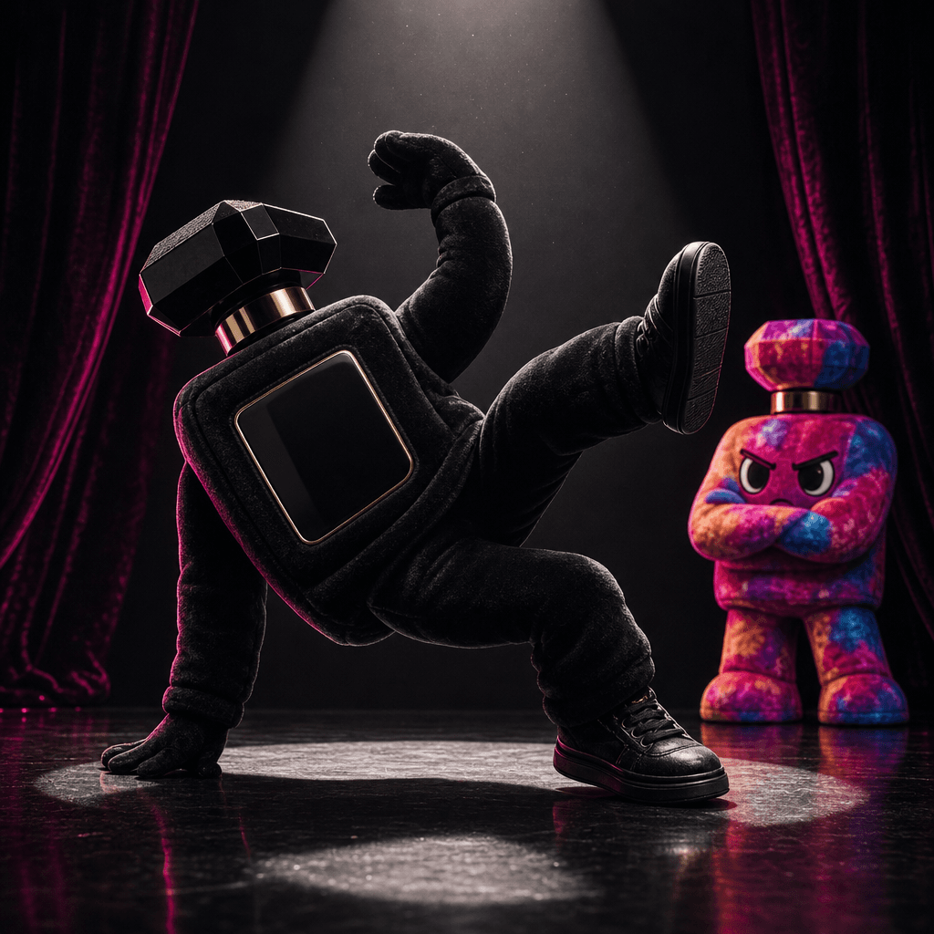 A plush mascot based on a sleek black perfume bottle performs a sharp dance move under a narrow spotlight while a colorf