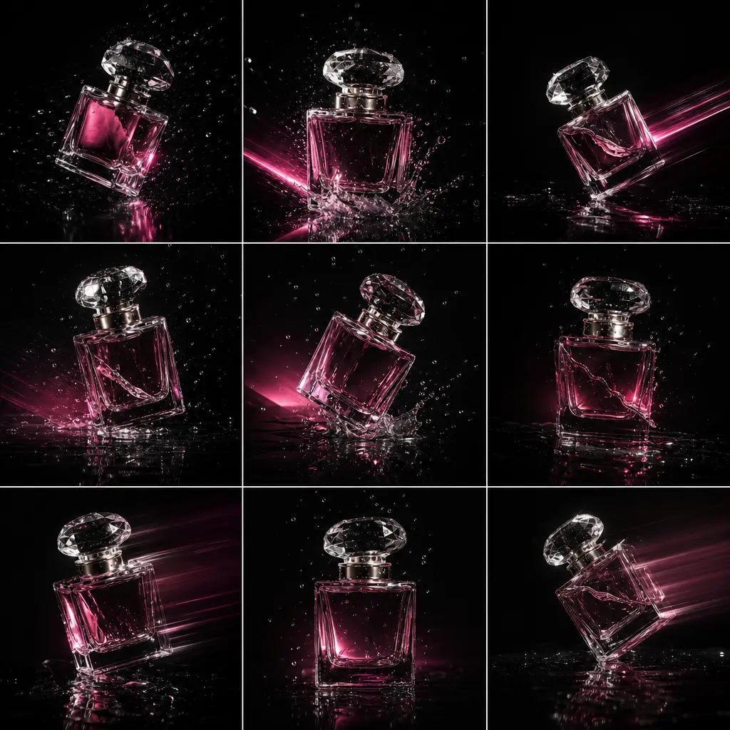A fragrance bottle captured as a sequence of energetic photobooth moments, with layered shadows, tiny suspended droplets