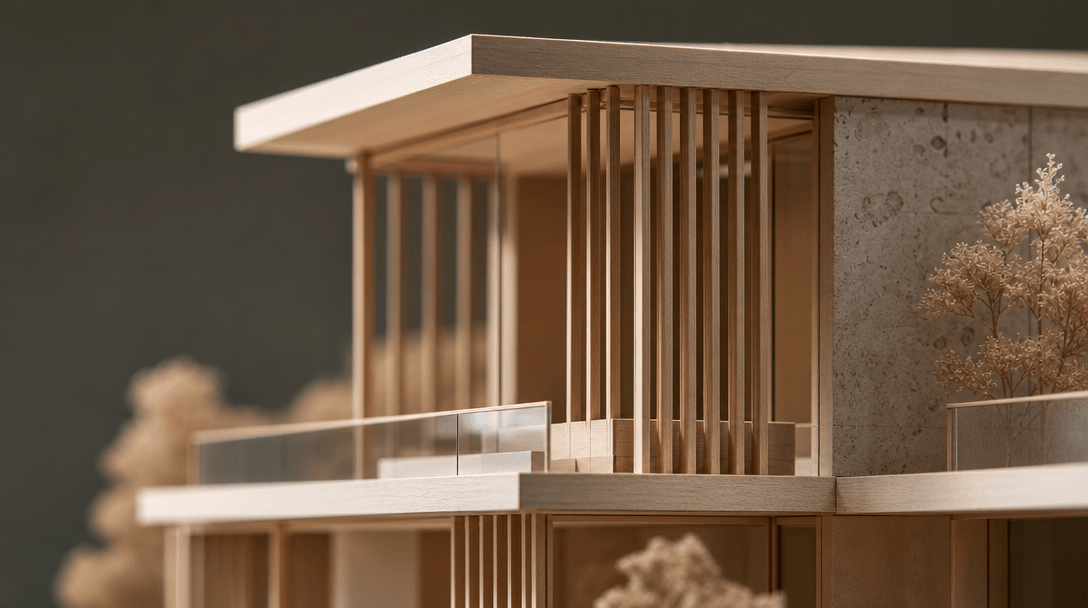 Close-up macro detail of elegant architectural model with soft directional studio lighting. Shallow depth of field, prem