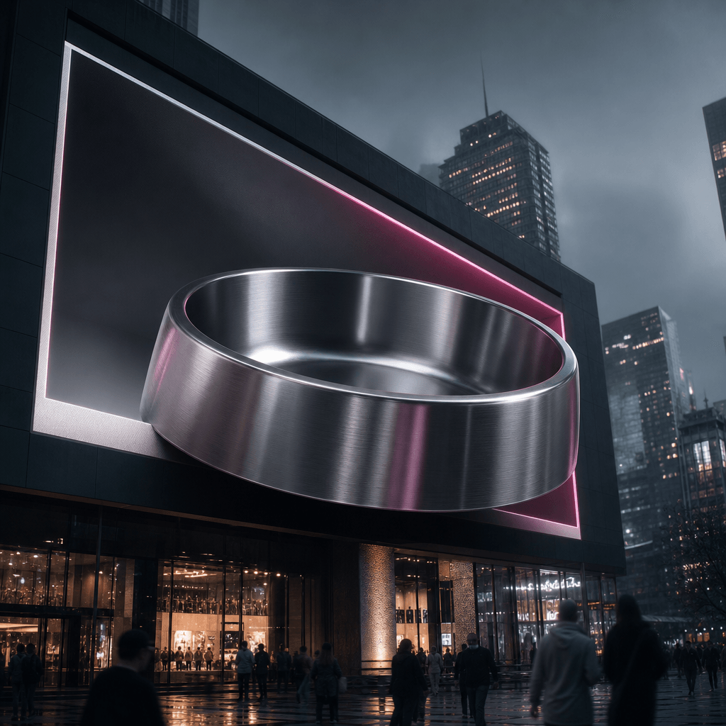 A polished metal pet bowl floating out from an enormous urban display above a modern shopping district, dimensional scre