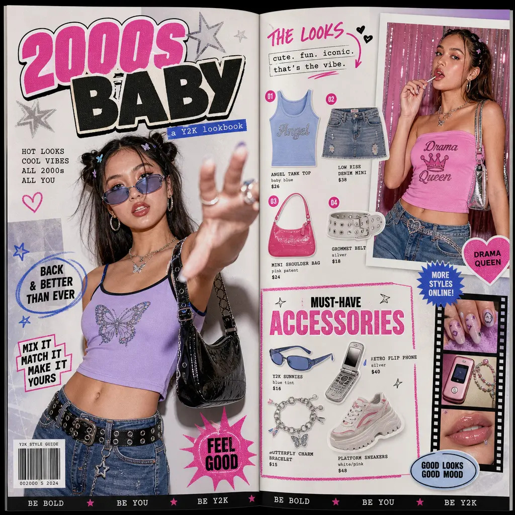 An engaging Y2K lookbook spread with dynamic layouts and bold typography, showcasing a mix of fashion items and accessor
