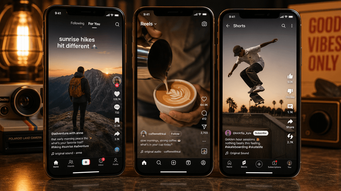Mobile phone screens displaying multiple social media feeds with short-form video clips, scrolling motion captured, warm