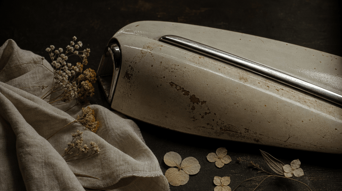 Weathered cream automotive paint, fine chrome trim, pressed flowers, and soft linen arranged as a refined material study