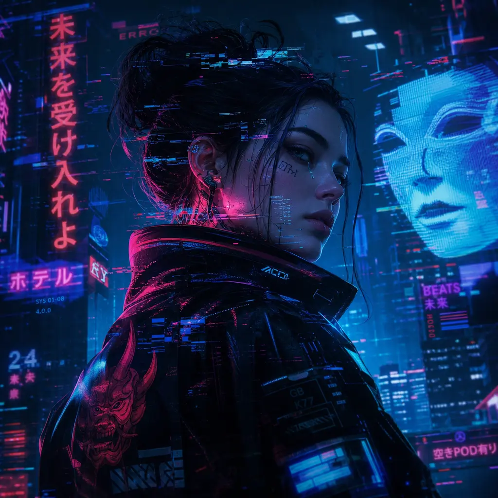 Figure immersed in cyberpunk aesthetic with neon highlights and digital glitch effects, futuristic color palette of elec