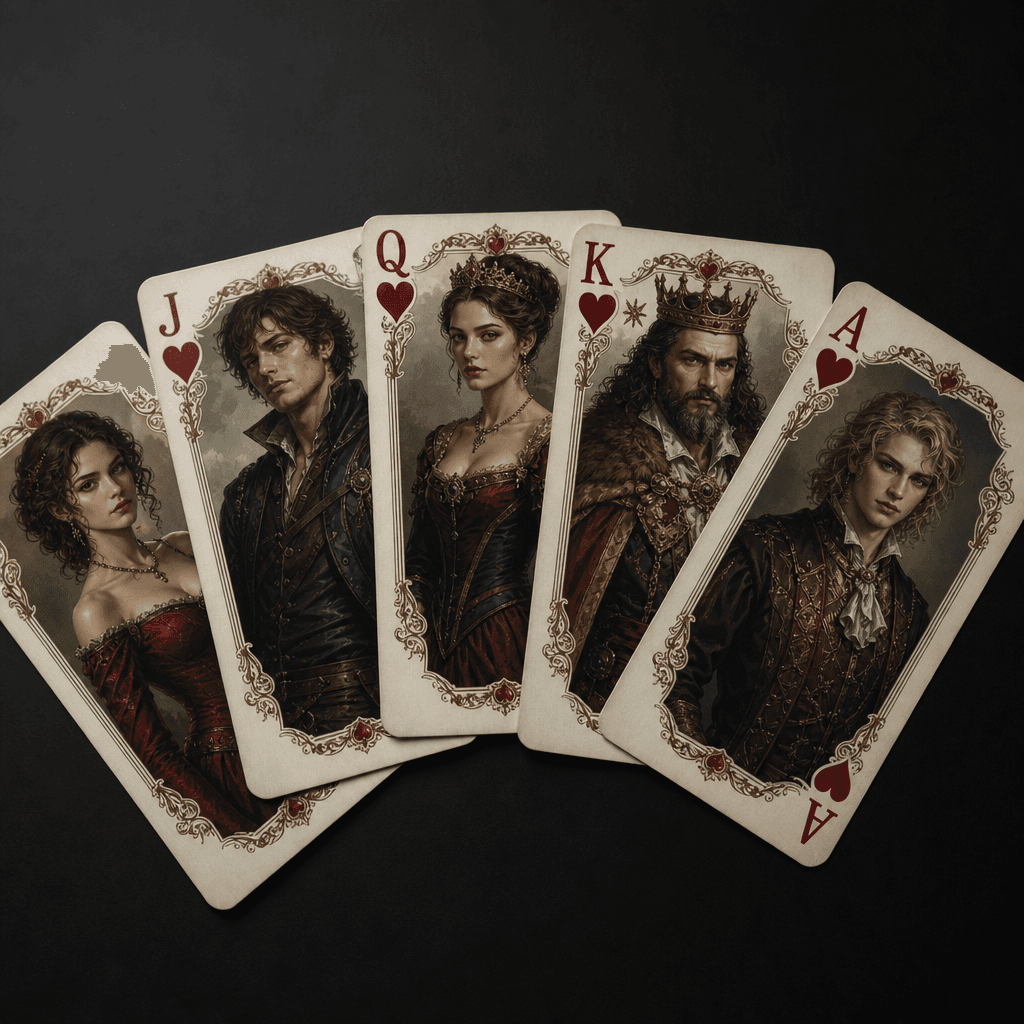 Multiple custom playing cards fanned out, different portraits, hearts suit design consistent, studio lighting, professio