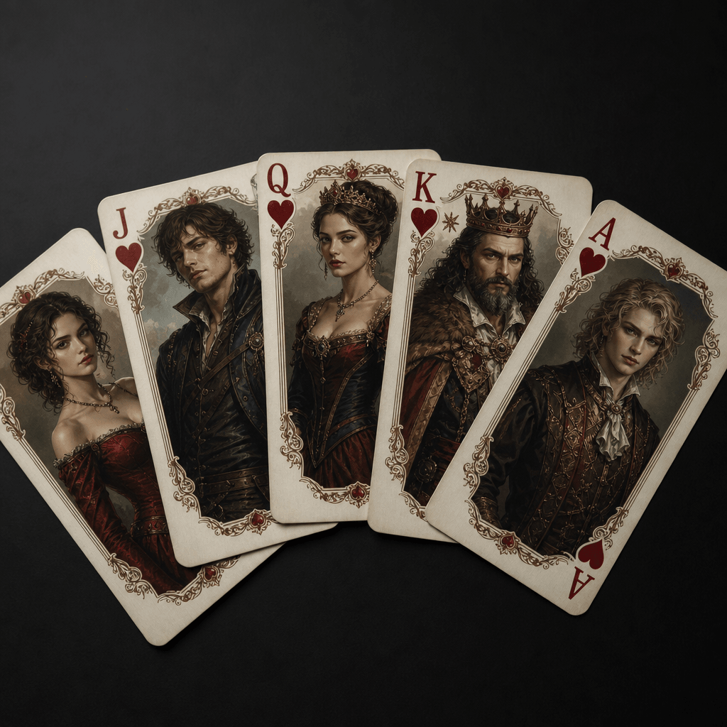 Multiple custom playing cards fanned out, different portraits, hearts suit design consistent, studio lighting, professio
