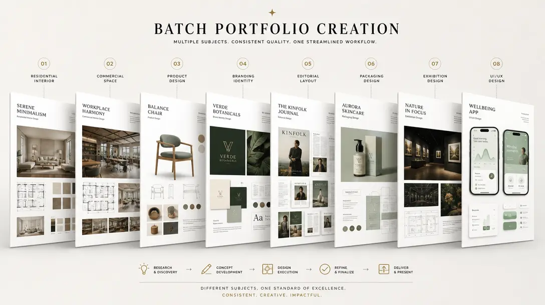 Multiple completed design sheets arranged in a gallery-like timeline or cascade, showing batch portfolio creation. Each