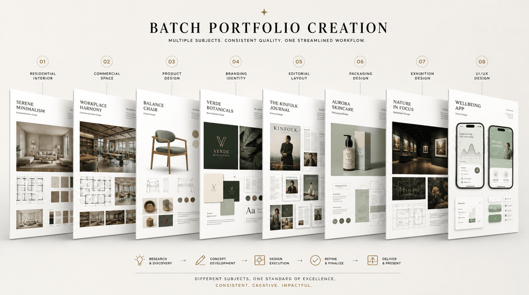 Multiple completed design sheets arranged in a gallery-like timeline or cascade, showing batch portfolio creation. Each